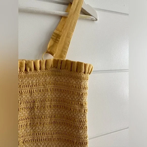 Linen Smocked Knee Length Dress - Yellow/ White Size: Estimate XS/S - Picture 2 of 14